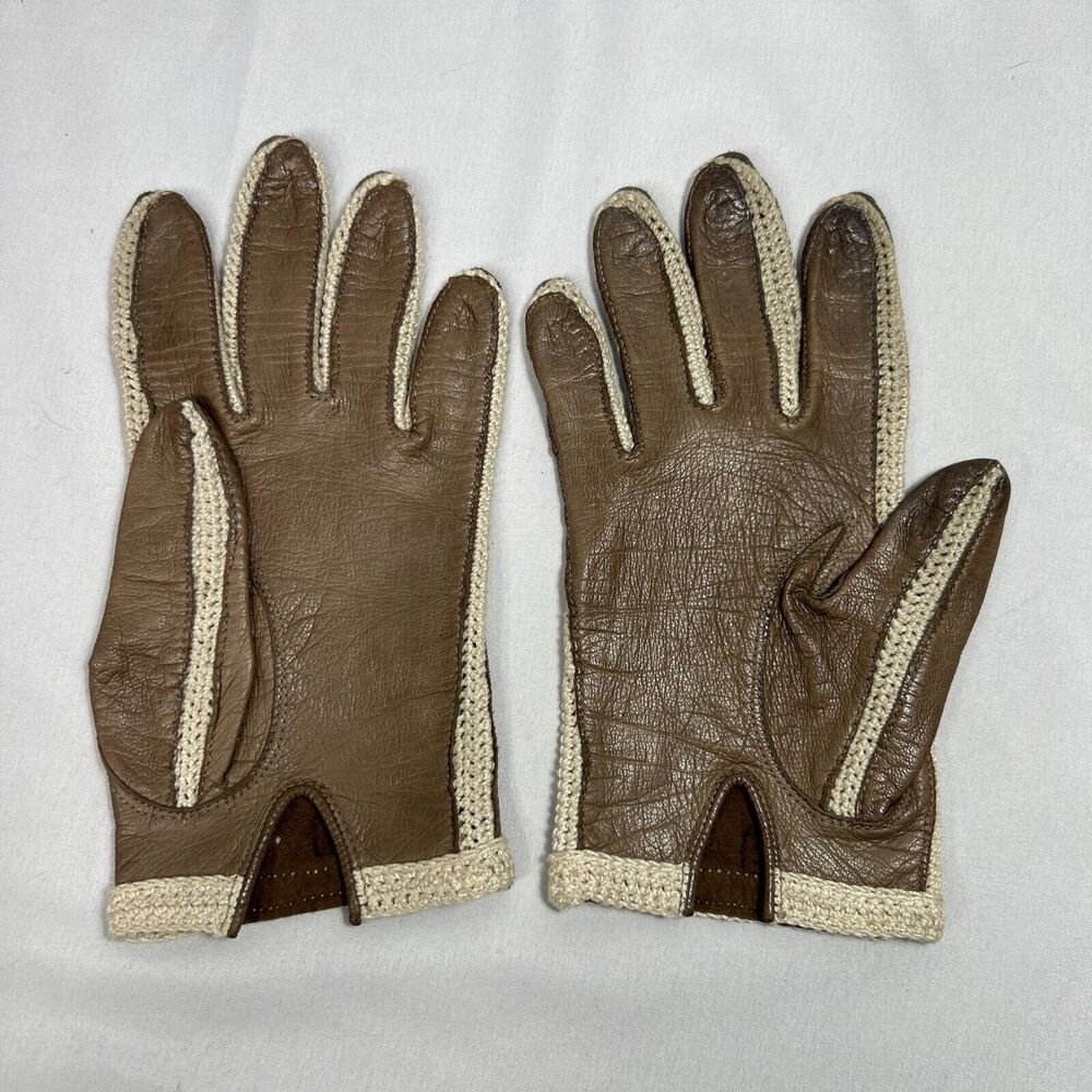 Vintage Mantessa Brown Leather gloves made in italy Size Small Cotton Forchettes